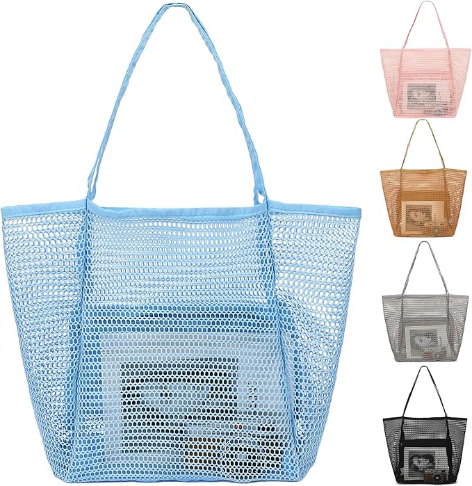 Fammart Mesh Beach Bag, Large Beach Tote with Zipper Pocket, Toys Pool Bag for Family Travel Vacation Cruise Essentials