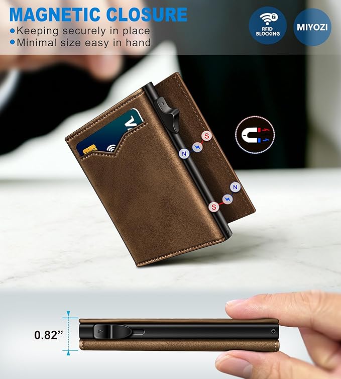 miyozi Wallet for Men,with Cash Pocket 2 ID Window 9-13 Cards,Metal Case Smart Slim Pop Up Credit Card Holder Flip with Magnetic Closure RFID Blocking Trifold wallet with Gift Box