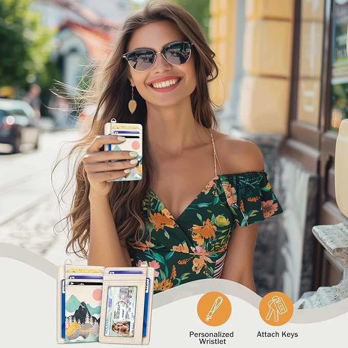 Yonlevres Credit Card Holder Slim Wallet, Sunrise Mountain RFID Wallet Women Front Pocket Card Holder Travel Thin Small Cute ID Window PU Leather RFID Blocking Case Organizer