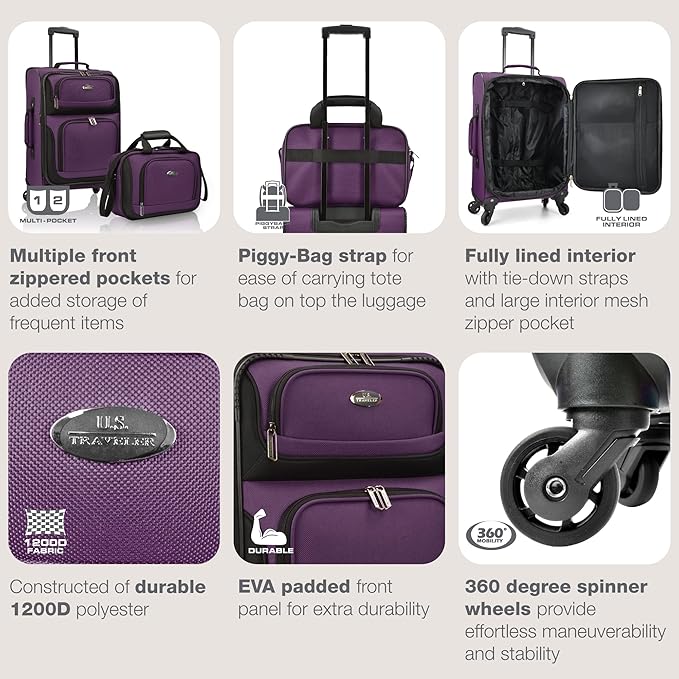 U.S. Traveler Rio Lightweight Softside Rolling Carry-on Suitcase, 4-Wheel Set, Purple
