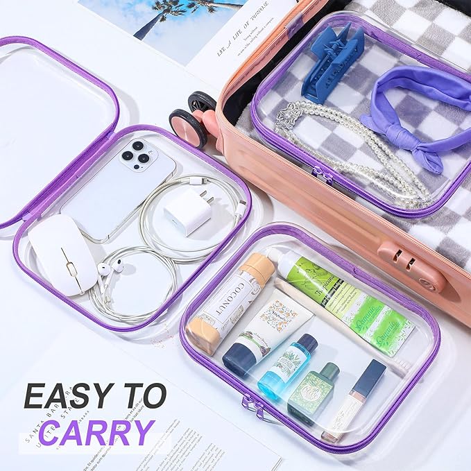 Sanwuta 6 Pcs Clear Hard Zipper Case Pencil Pouches Hard Plastic Zipper Pouches Makeup Bag Transparent Cases for Snacks Plastic Storage Organizer Box for Travel(Purple,9.84 x 7.87 x 2 Inch)