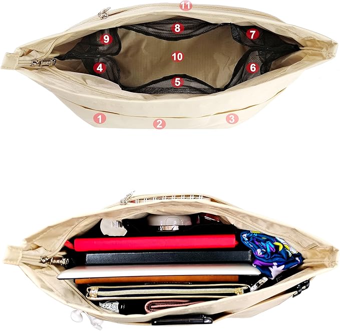 Time Wing Handbag Tote Purse Organizer Insert Bag Liner Shaper Divider Zipper 11 Pockets Compartments Small Beige