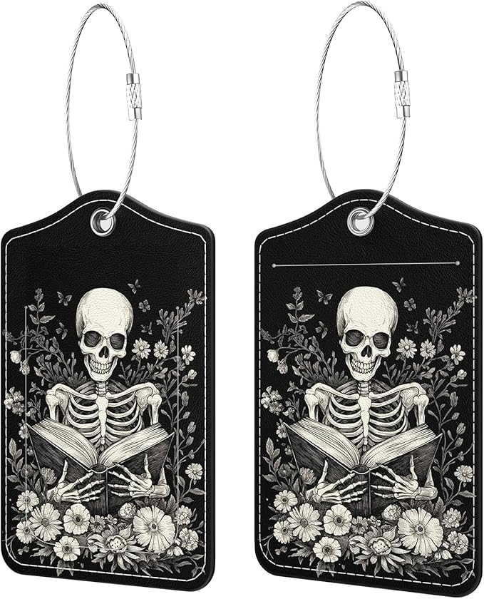 2 Pack PU Leather Luggage Tags for Suitcases, Privacy Protection Cover with Stainless Steel Loop and Address Card, Travel Cruise Essentials (Book Skull)