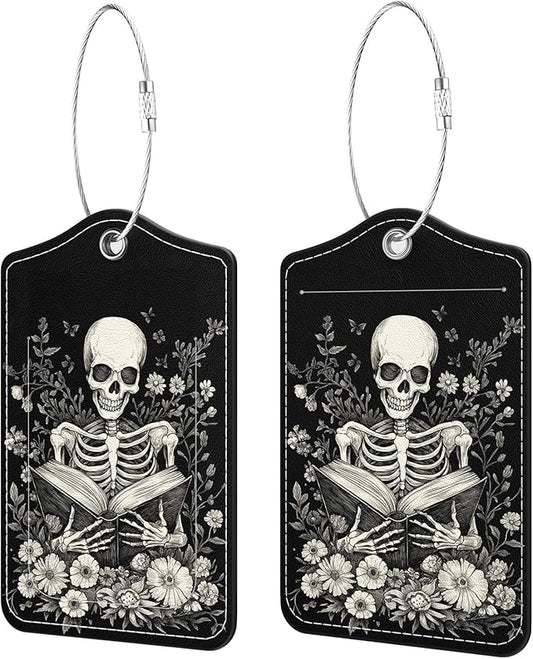 2 Pack PU Leather Luggage Tags for Suitcases, Privacy Protection Cover with Stainless Steel Loop and Address Card, Travel Cruise Essentials (Book Skull)