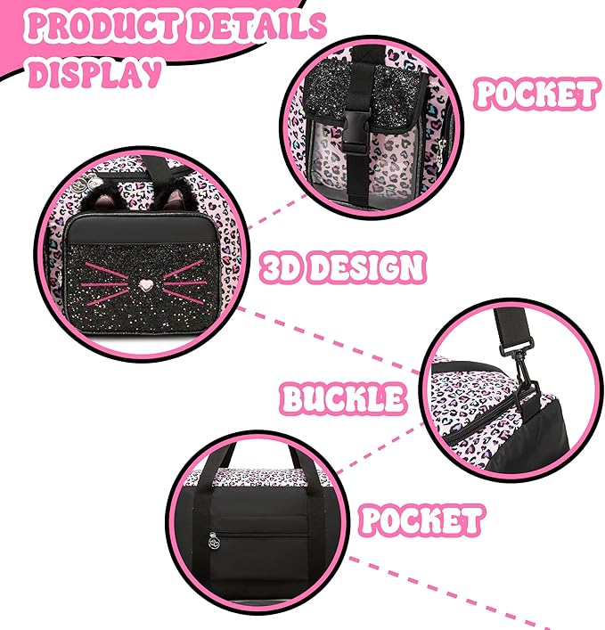Kids Duffle Bag Girls Travel Bag Gifts for Girls Cat Gymnastics Dance Bags for Kids Overnight Sleepover Bags for Girl with Shoes Compartment