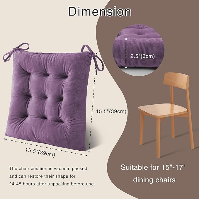 OVOV 4 Pack Chair Cushions for Dining Chairs Soft Seat Cushions for Kitchen Desk Chairs Square Chair Pads with Ties (15.5"x15.5" Purple)