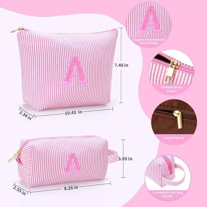 Personalized Initial Makeup Bag,Toiletry Travel Cosmetic Bag,Trendy Stuff for Teen Girls and Women,Holiday & Birthday Gift,2 Pack (C, Pink)