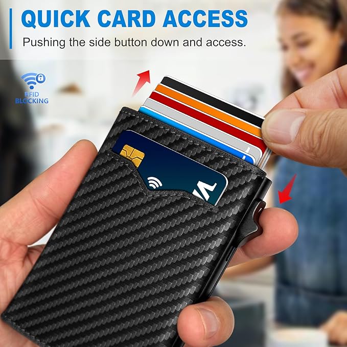 miyozi Wallet for Men,with Cash Pocket 2 ID Window 9-13 Cards,Metal Case Smart Slim Pop Up Credit Card Holder Flip with Magnetic Closure RFID Blocking Trifold wallet with Gift Box