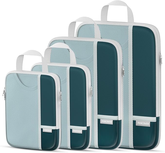 Percover Compression Packing Cubes 4-Piece Set, Packing Cubes Compression for Travel with Label Pockets, Travel Organizer for Carry On & Checked Luggage, Peacock Green