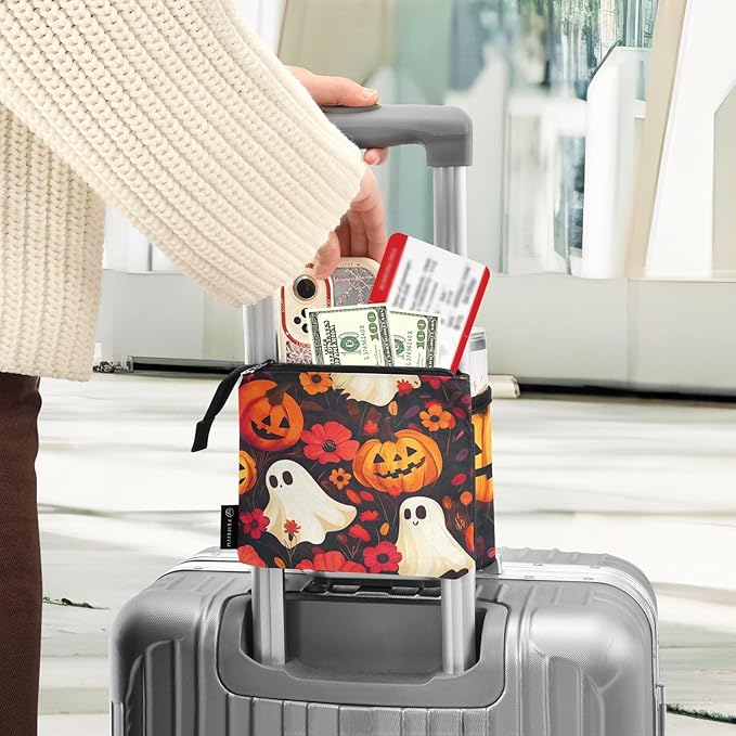 Halloween Ghost Pumpkin and Poppy Luggage Cup Holder Travel Portable Free Hand Drink Carrier Suitcase Drinks Beverage Holder Carry-On Bottle Mug Holder Organizer Bag Travelers Accessories