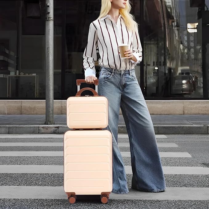 2-Piece ABS Hard Shell Lightweight Carry-On Luggage Set (14" & 20"), 360-Degree Spinner Wheels, Adjustable Telescopic Handle and Combination Lock for Travel, Beige