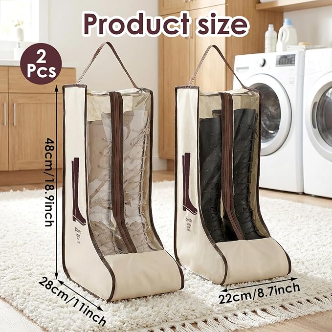 Portable Boots Storage Bag, Beige Dust Proof Boots Protector Carry Bag with Handle Shoe Dust Organizer Packing for Travel and Daily Use(Large)