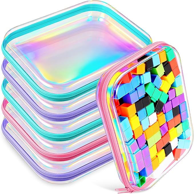Sanwuta 6 Pcs Clear Hard Zipper Case Plastic Zipper Pouches Transparent Makeup Bag Pencil Case Pouches Toiletry Diaper Bag for Travel Toy Storage Organizer Bins(Holographic,9.84 x 7.87 x 2 Inch)