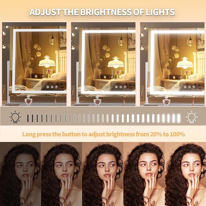 Hasipu Vanity Mirror with Lights, 25.6" x 21.3" LED Makeup Mirror, Light up Mirror with 10X Magnification and Phone Holder, USB Charging Port, Smart Touch 3 Colors Dimmable, 360° Rotation (White)
