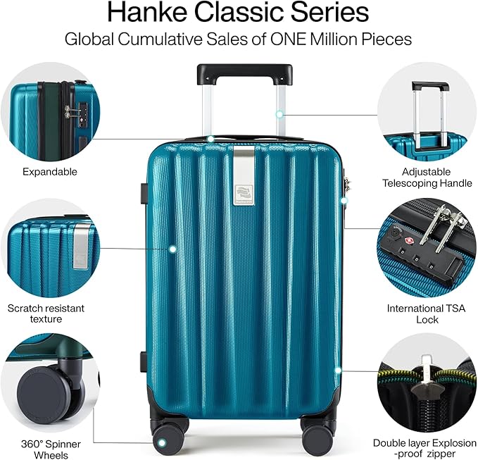 Hanke 20 Inch Expandable Carry on Luggage 22x14x9 Airline Approved Lightweight PC Hard Shell Suitcases with Wheels Tsa Luggage Rolling Suitcase Travel Luggage Bag for Weekender(Caribbean Blue)