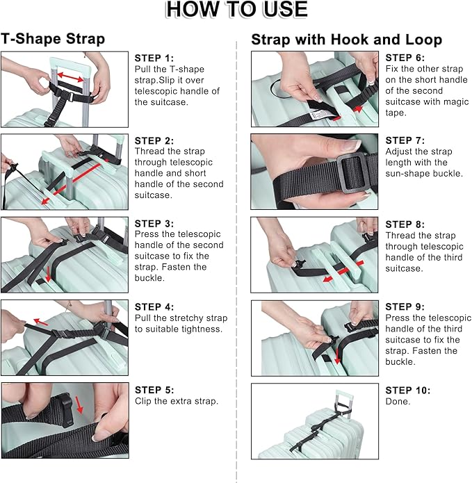 Vigorport Luggage Straps, Metal Luggage Connector Straps for Suitcases, Stretchable Add a Bag Adjustable Accessories Travel Belts (Black, Large)