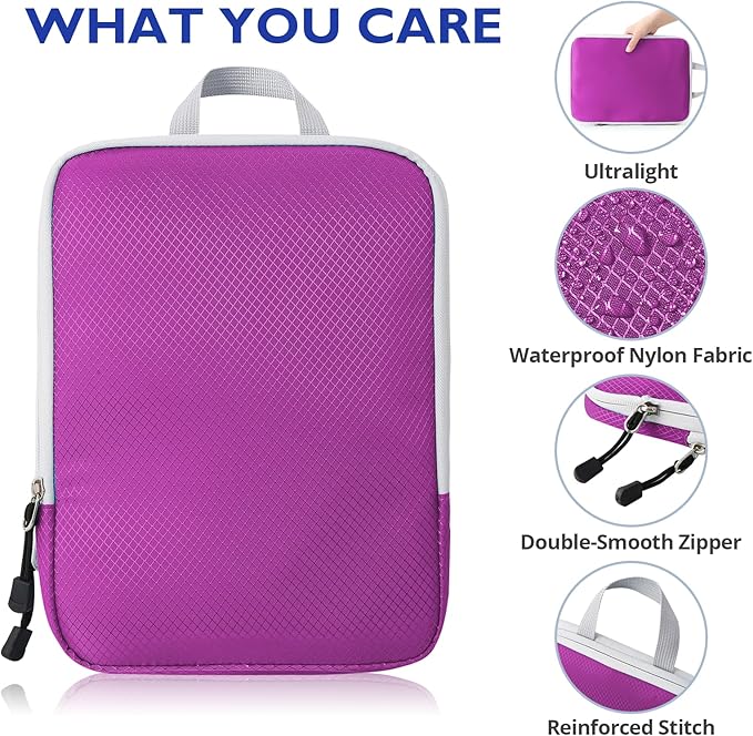 Compression Packing Cubes, 10 Set Packing Cubes for Travel Compression, Lightweight Compressible Package Organizer for Carry On and Suitcases, Purple and Grey
