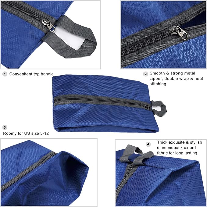 Washable Shoe Bags for Travel, 4 Pack Blue, Nylon and Oxford Fabric, Zipper Closure