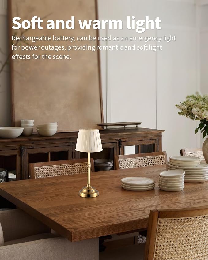 KDG Gold Cordless LED Table Lamps Set of 2, Beige Fabric Shade Desk Lamps | Portable 4000mAh Rechargeable Battery Powered, Dimmable Lighting for Dining Room, Bedroom, Bedside, Night Light, Balcony
