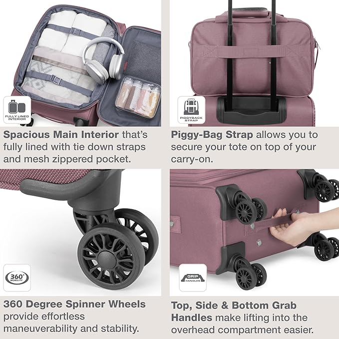 U.S. Traveler Rio Lightweight Softside Rolling Carry-on Suitcase, 4-Wheel Set, Mauve
