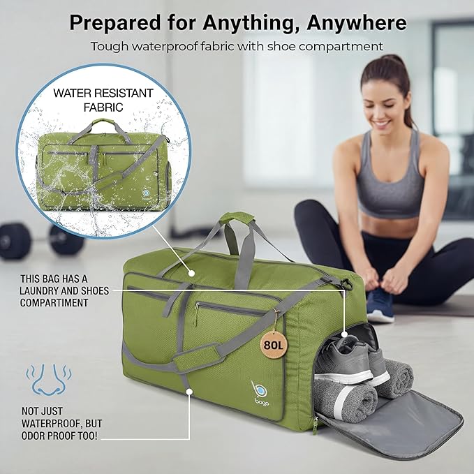 Bago Large Duffle Bag for Travel Women & Men. Durable Lightweight Foldable Travel Duffel Bags For Traveling Women. 80L Duffle Bags For Overnight Bag With Shoe Compartment Collapsible Weekender duffel