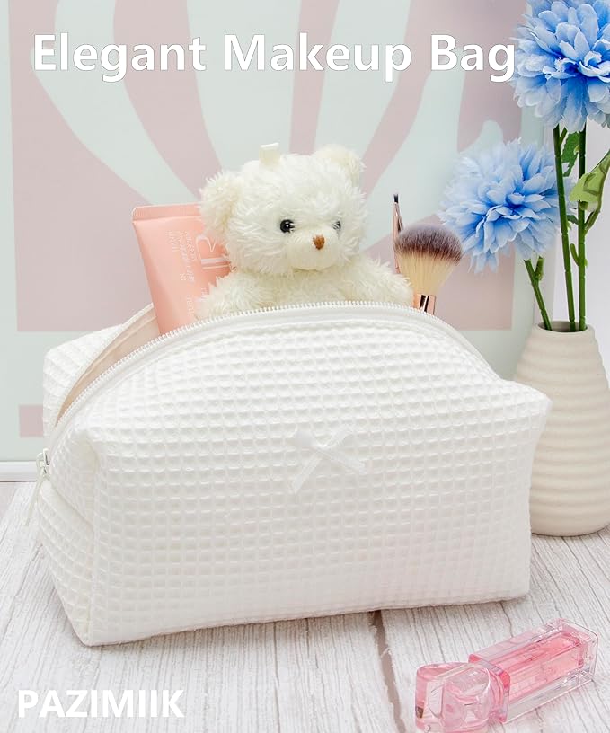 PAZIMIIK 6PCS Cozy Makeup Bag Travel Cosmetic Bag for Women Soft Toiletry Bag Aesthetic Makeup Organizer Portable Large Zipper Pouch for Skincare Beauty Accessories Brushes Waffle Check Cream White