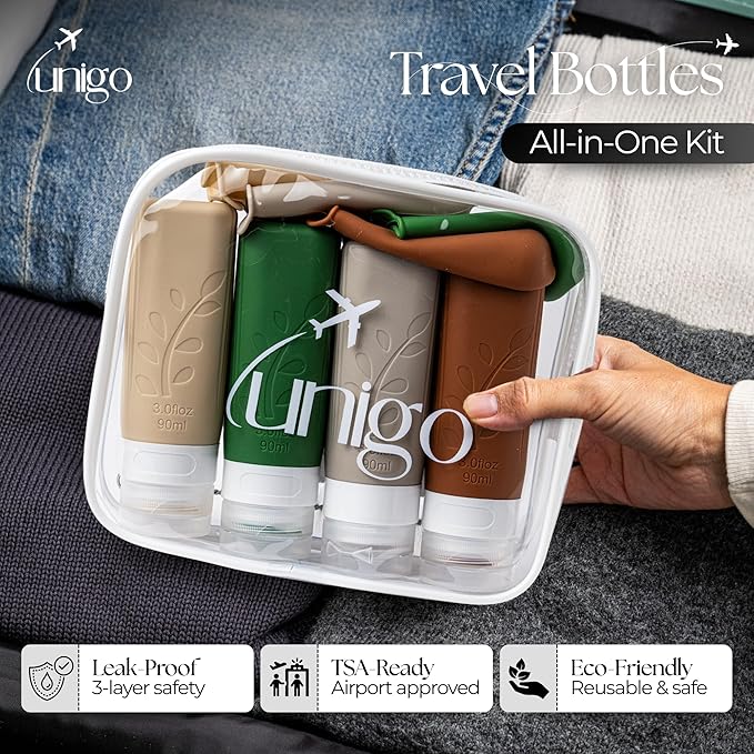 unigo Silicone Travel Bottles Set for Toiletries, Airplane Approved TSA Carry On Size, BPA Free Leakproof Refillable Squeeze Containers with Labels, Cleaning Brush and Covers (Multicolor C)