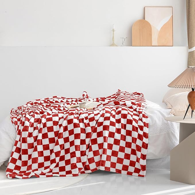 LOMAO Throw Blankets Flannel Blanket with Checkerboard Grid Pattern Soft Throw Blanket for Couch, Bed, Sofa Luxurious Warm and Cozy for All Seasons (Red, 40"x60")
