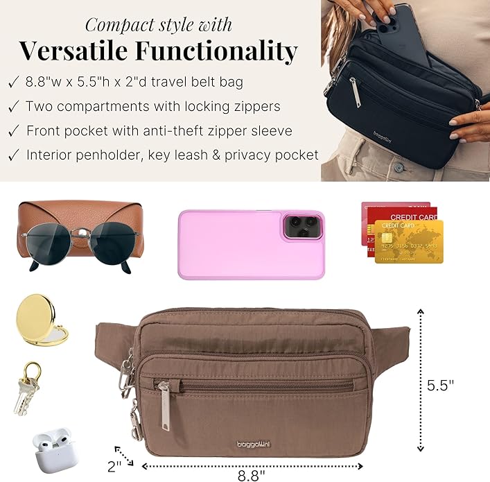 Baggallini Securtex Anti-theft Belt Bag 8.8"x5.5" Crossbody Fanny Pack for Women RFID Wallet Locking Zipper Travel Purse