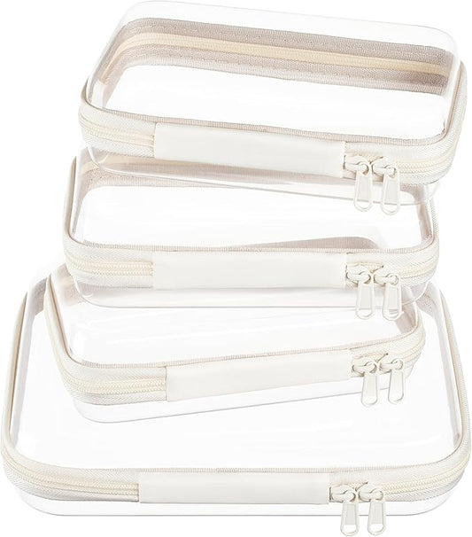 4 pcs Clear Zipper Pouches,Hard Shell Zipper Case, Toiletry Bag for Travel, CLear Diaper Bag, Toiletry Pouch, Travel Organizer, Cosmetic Bag,Toy Storage Bins (M+3S)(Ivory)