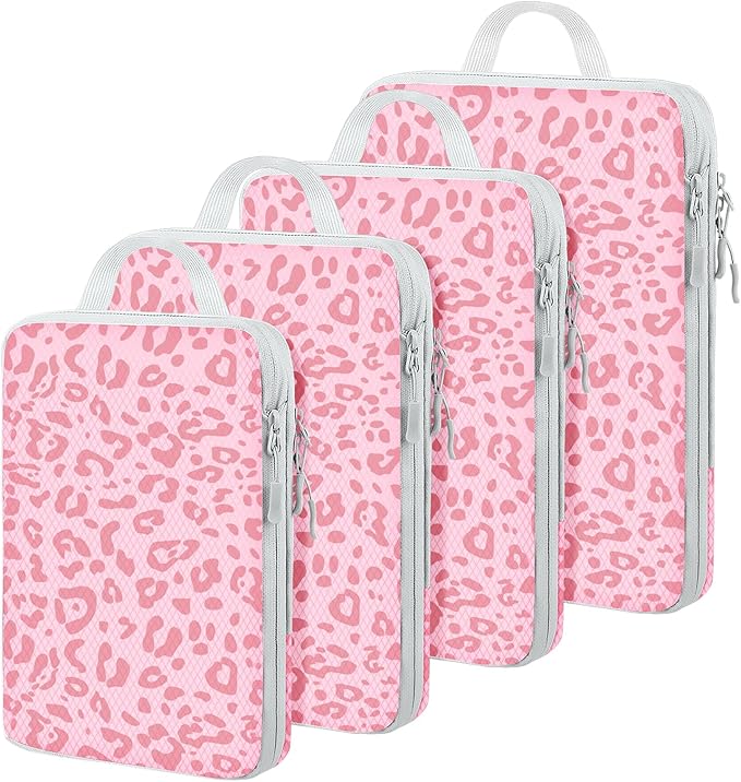 4 Set Compression Packing Cubes For Travel Bags Organizer For Luggage Suitcase Organizer, Compression Bags For Travel Accessories Luggage Storage Set (4 Pcs, Pink Leoparda)
