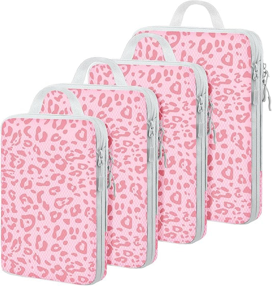 4 Set Compression Packing Cubes For Travel Bags Organizer For Luggage Suitcase Organizer, Compression Bags For Travel Accessories Luggage Storage Set (4 Pcs, Pink Leoparda)