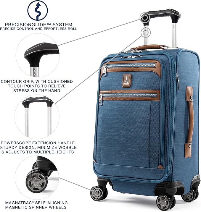 Travelpro Platinum Elite Softside Expandable Carry on Luggage, 8 Wheel Spinner Suitcase, USB Port, Suiter, Men and Women, Coastal Blue, Carry On 21-Inch