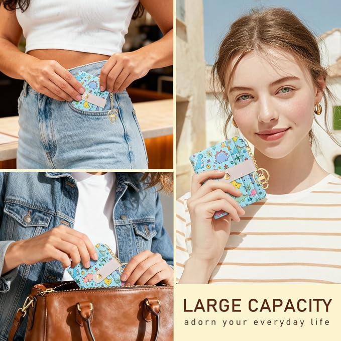 Jogjam Cute Dinosaur Rfid Girls Girly Teen Wallet, Small Slim Thin Compact Travel Credit Card Women Wallet, PU Leather Bifold Cash Zipper Coin Pocket ID Window for Female Ladies Gifts