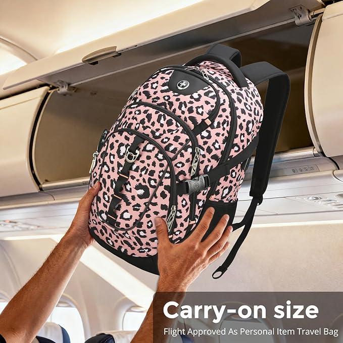 Swissdigital Laptop Backpack with USB Charging Port, Travel Backpack Fits 15.6 inches Computer, 31L Backpack for Women, Pink Leopard | SD803-102