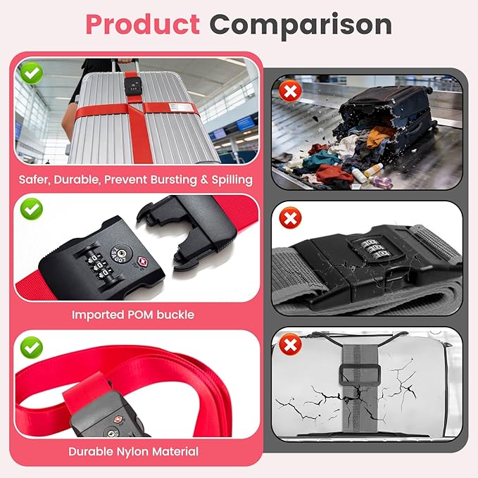 Upgrade TSA Approved Luggage Straps with Retainer Clips, Adjustable Heavy Duty Anti-Burst Travel Strap, High Visibility Easy Identification, Cross Design Luggage Belt for 20-34 Inch Luggage(Red)