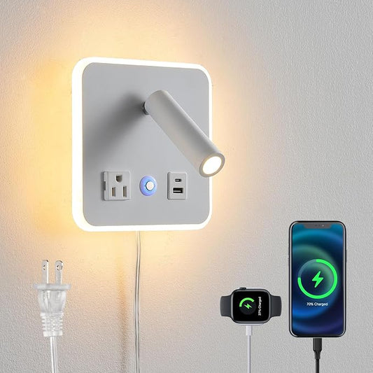 LED Headboard Reading Lamp, Dimmable Wall Sconce with USB-A/USB-C, White | Separate reading and ambient backlight controls, memory dimmer, adjustable angles, plug-in/hardwired, bedroom, bedside, hotel