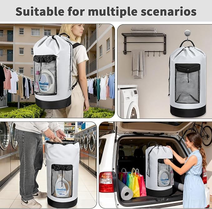 150L Laundry Bag Backpack with 3 Sizes Mesh Wash Bags and Shoulder Straps Foldable Clothes Hamper Bag with Drawstring Closure for College, Apartment, Laundromat (White)