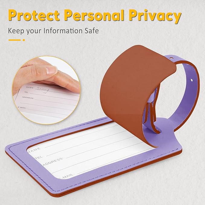 Travelambo Luggage Tags for Suitcases Faux Leather Privacy Protection 6 Pack Bag Tags Travel Accessories Essential, Classic Purple