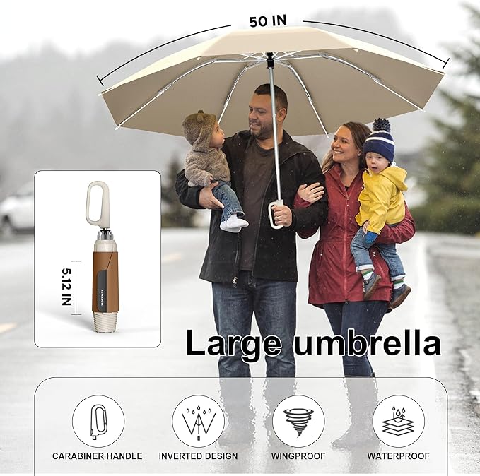 QWB TUMAAOTU Inverted Umbrella with Carabiner Handle, Compact Wind Proof Umbrellas For Rain and Sun Protection, Portable Reverse Folding Umbrella, Car Umbrella for Women Men, 10 Ribs