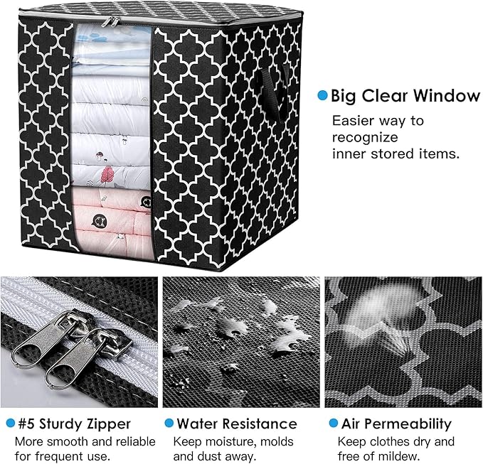 WISELIFE Storage Bags [3 Pack/100L] Large Blanket Clothes Organization and Storage Containers for Comforters,Bedding, Foldable Organizer with Reinforced Handle, Clear Window, Sturdy Zippers,Black