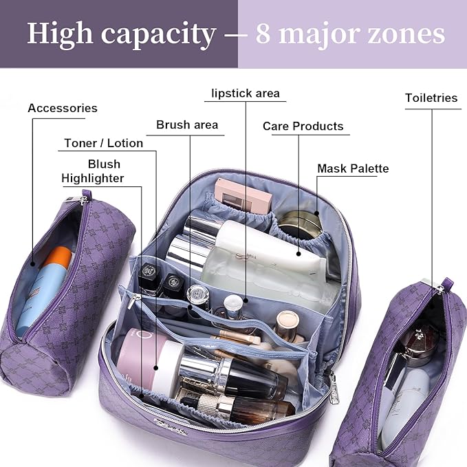 BOYATU Travel Makeup Bag Cosmetic Bags for Women: 3 Pcs Set Large Capacity Make up Bag with Handle - Vegan Leather Toiletry Bags with Compartments - Makeup Organizer for Travel Essentials(A-9-Purple)