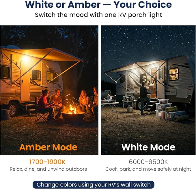 RV LED Porch Light, Exterior Outside Lighting for Camper Trailer | Aluminum Housing, Dual Color White Amber, 1400 LM High Brightness, IP67 Waterproof, Works with RV's Interior Switch- Black