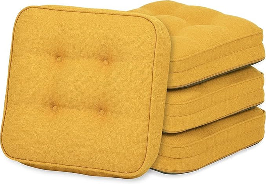 GOFORIT Memory Foam Cushion，Square Seat Cushions for Dining Chairs,Non-Slip Chair Pads with Removable Cover, 16'' x 16'',4 Pack, Yellow