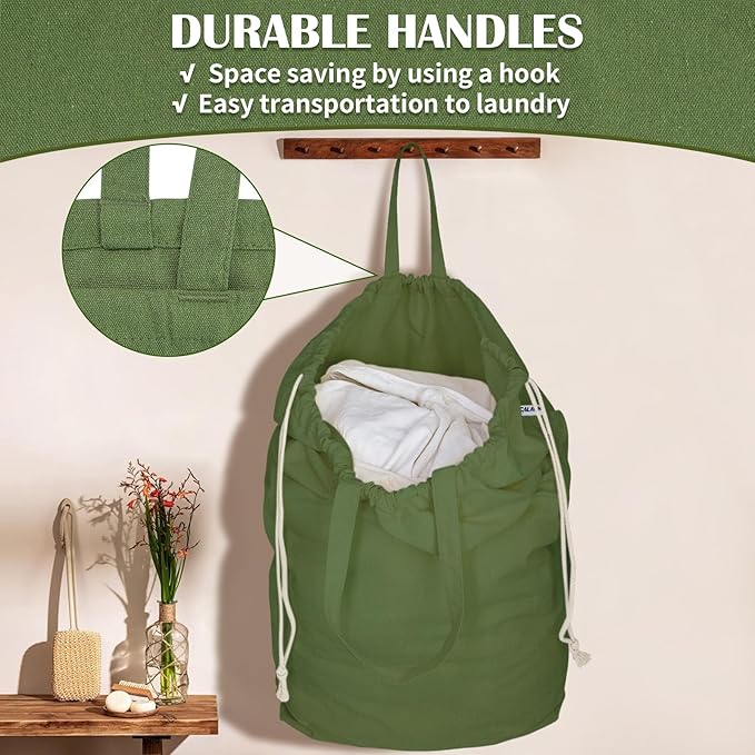 Canvas Laundry Bags with Handles & Square Base 18"Lx18"Wx27.6"H, Extra Large Heavy Duty Laundry Basket Hamper Liner, Washable Drawstring Dirty Clothes Bag Canvas Storage Sack (Army Green XL)
