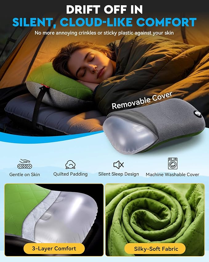 Hikenture Camping Pillow with Removable Cover - Ultralight Inflatable Pillow for Neck Lumbar Support - Upgrade Backpacking Pillow - Washable Travel Air Pillows for Camping, Hiking, Backpacking