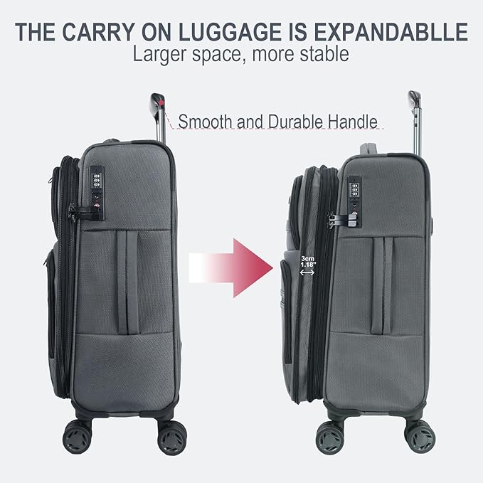 KROSER Softside Expandable Carry On Luggage with Front Business Pockets，20 Inch Suitcases with Spinner Wheels & Built-in TSA Lock, Durable Suitcase Rolling Luggage with USB Port, Grey