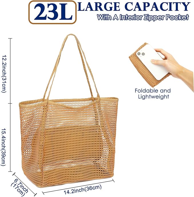 Fammart Mesh Beach Bag, Large Beach Tote with Zipper Pocket, Toys Pool Bag for Family Travel Vacation Cruise Essentials