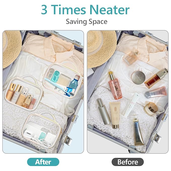 PACKISM TSA Approved Toiletry Bag 3 Medium, 3-1-1 Compliant Clear Makeup Bag with Handle, Quart Size Toiletry Bags Fit Carrv-on Travel Essentials, Water Resistant PVC, Ruched Colorful White