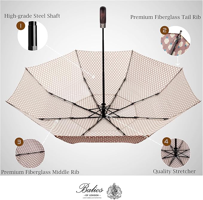 Balios Travel Folding Umbrella with Real Wood Handle Auto Open Close Vented Windproof Canopy - Designed in UK